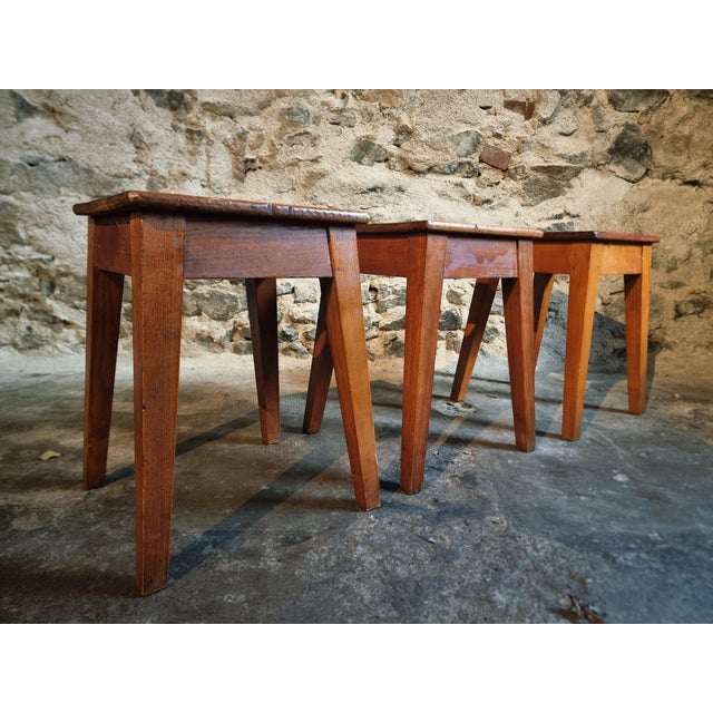 Vintage French Wooden Stools, 1950s, Set of 3 For Sale - Image 9 of 15