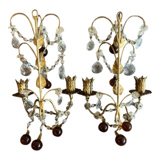 Antique Pair of Italian Gold Gilt & Crystal Candle Sconces For Sale