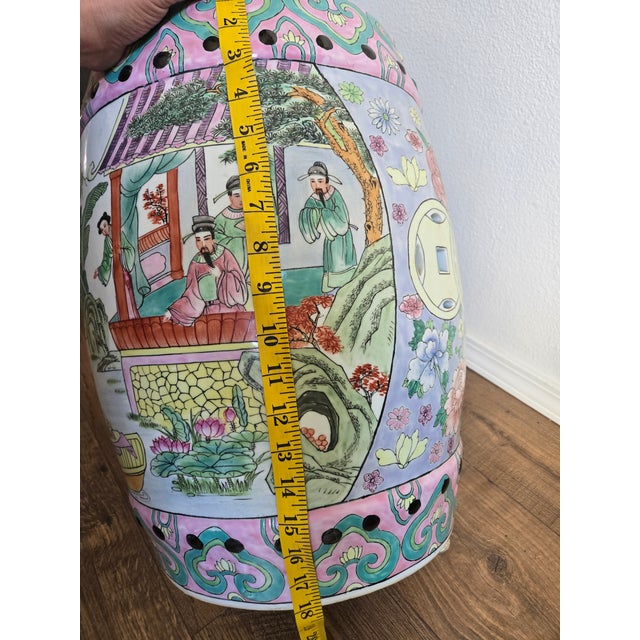 Vintage Chinese Hand-Painted Porcelain Garden Stool / Drum Stool With Floral & Figural Motif For Sale - Image 9 of 9