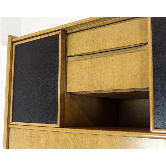 1960s Tall Highboy Light Walnut Multi-Drawer Cabinet Sliding Leather Doors Brass Pulls For Sale - Image 5 of 13