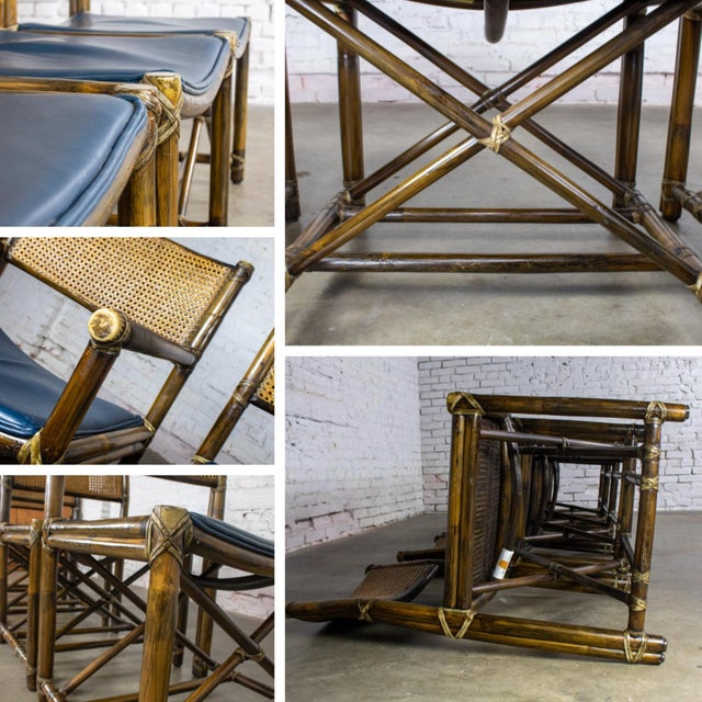 Late 20th Century Campaign Style Set of 8 Dining Chairs by McGuire Rattan Cane & Navy Leather For Sale - Image 16 of 18