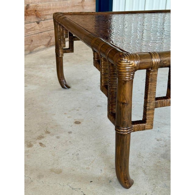 Mid-Century Organic Modern Rattan Fretwork Coffee Table With Mosaic Wood Inlay Top Manner of John Wisner For Sale - Image 9 of 12
