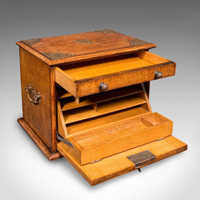 Traditional Antique Stationery Box, English, Golden Oak, Fall Front Desk Tidy, Edwardian For Sale - Image 3 of 12
