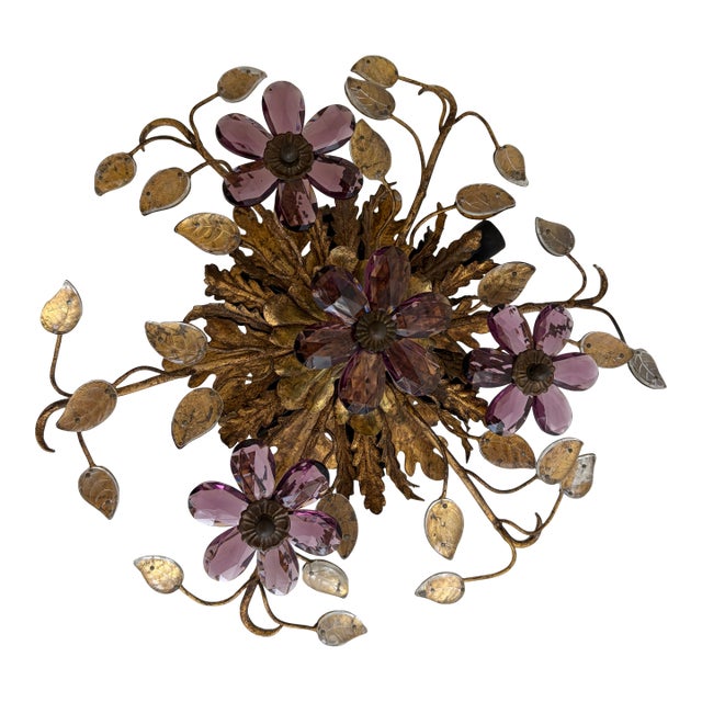 Flush Mount Maison Baguès Crystal Amethyst Flowers Leaves Chandelier 6 Lights For Sale