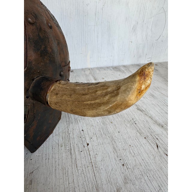 Gothic Unusual Vintage Riveted Steel Horn and Leather Viking Helmet For Sale - Image 3 of 8