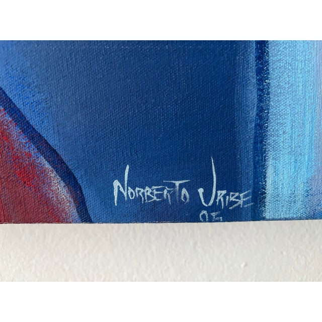 Abstract Norberto Uribe Dominican Modernist Village Blue Painting on Canvas For Sale - Image 3 of 12