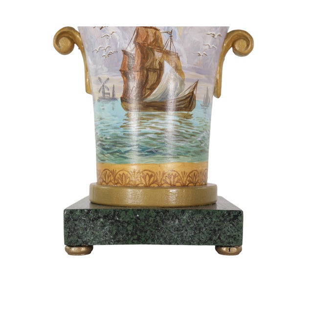 Vintage Hand-Painted Nautical-Themed Wooden Urn-Shaped Table Lamps - Pair For Sale In New York - Image 6 of 12