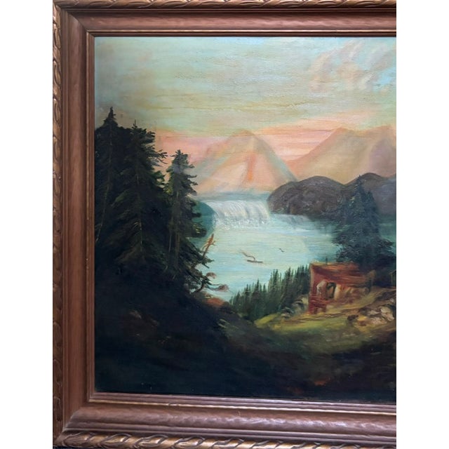 Green Antique Landscape Painting - Atmospheric Mountains Around a Camp For Sale - Image 8 of 13