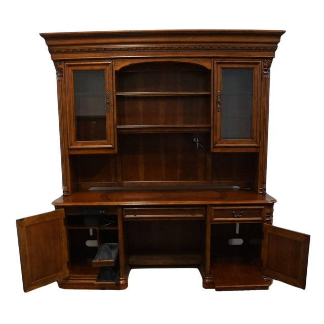 Early 21st Century High End Cherry Contemporary Traditional Style 80" Computer Desk / Credenza W. Storage Display Hutch For Sale - Image 5 of 12