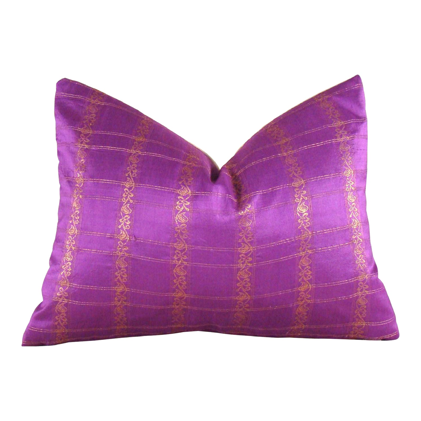 Contemporary Lumbar Pillow Cover Made from Vintage Gold Embellished Fuchsia Indian Silk Sari