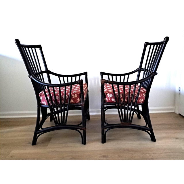 Coastal Palecek Vintage Dark Tone Armchair Tropical Motif Upholstered Seat Accent Chair – Pair For Sale - Image 3 of 11