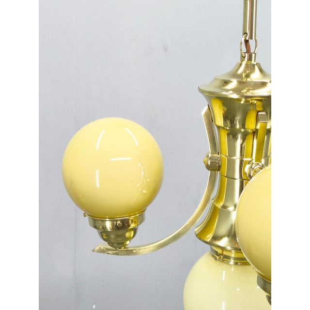 1930s Art Deco Brass and Opaline Glass Chandelier, 1930s For Sale - Image 5 of 14