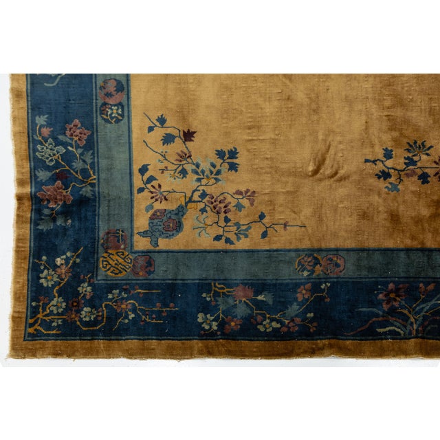 Antique Chinese Art Deco Wool Rug With Medallion and Indigo Floral Borders 9x11 For Sale - Image 9 of 10