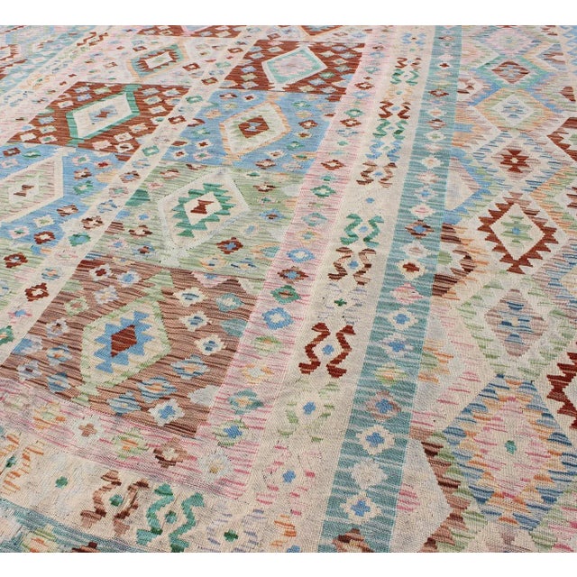 Sky Blue Geometric Flat Weave Wool Kilim Rug by Keivan Woven Arts 8'5 X 11'6 For Sale - Image 8 of 13