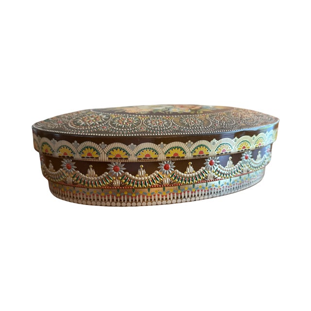 Metal Vintage Dutch Embossed Floral Tin Box Oval Decorative Container For Sale - Image 7 of 7