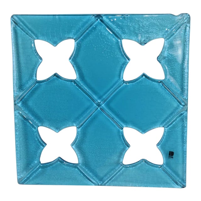 1980s "Damasco" Itre Murano Hand Cast Glass Tile Aquamarine For Sale