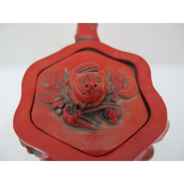 Chinese Red Lacquer Tree Trunk Branch Handle Squirrel Finial Lid Teapot For Sale - Image 4 of 15