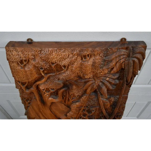 Brown Teak Hand Carved Plaque Large 3d Wood Relief Balinese Tropical Wall Art For Sale - Image 8 of 11
