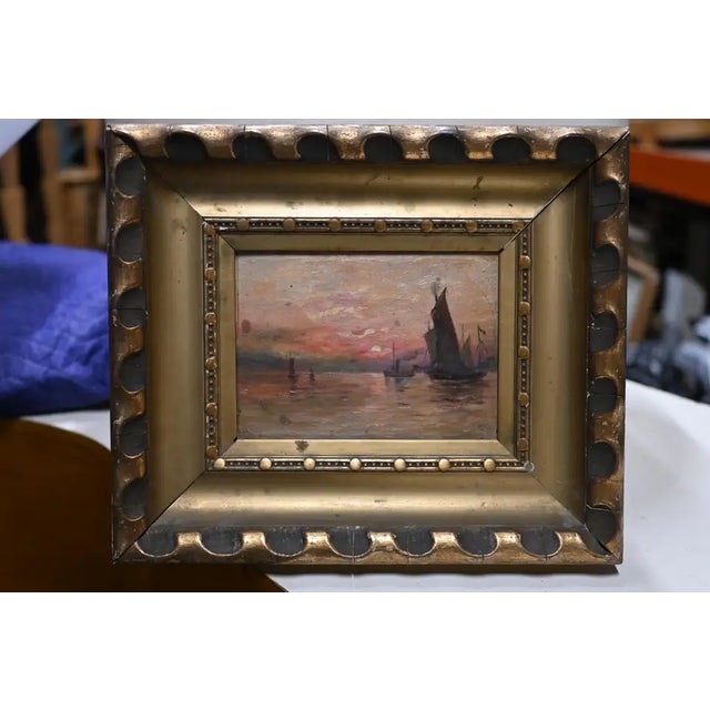 1930s Ships at Sunset Oil Painting on Board For Sale - Image 5 of 6