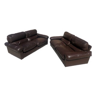 Chocolate Leather 3-Seat Sofas by Tito Agnoli for Poltrona Frau, 1970s, Set of 2 For Sale