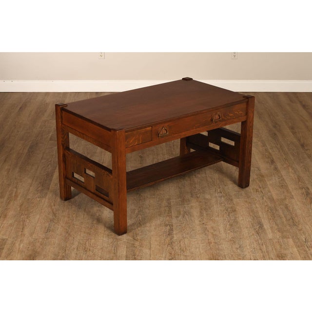 High Quality American Made Antique Arts & Crafts Library Table Writing Desk. In The Style of Limbert. Medal Copper...