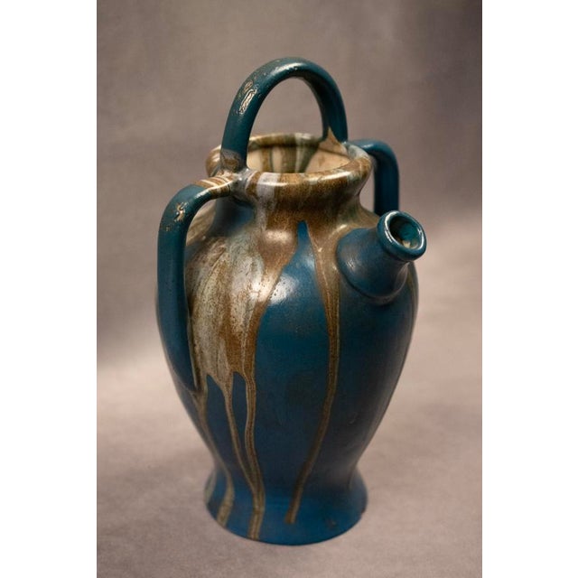 Large Art Nouveau Goat Figurine in Duck-Blue Glazed Stoneware with Drips by Léon Pointu for Saint-Amand-en-Puisaye, 1920s For Sale - Image 3 of 10