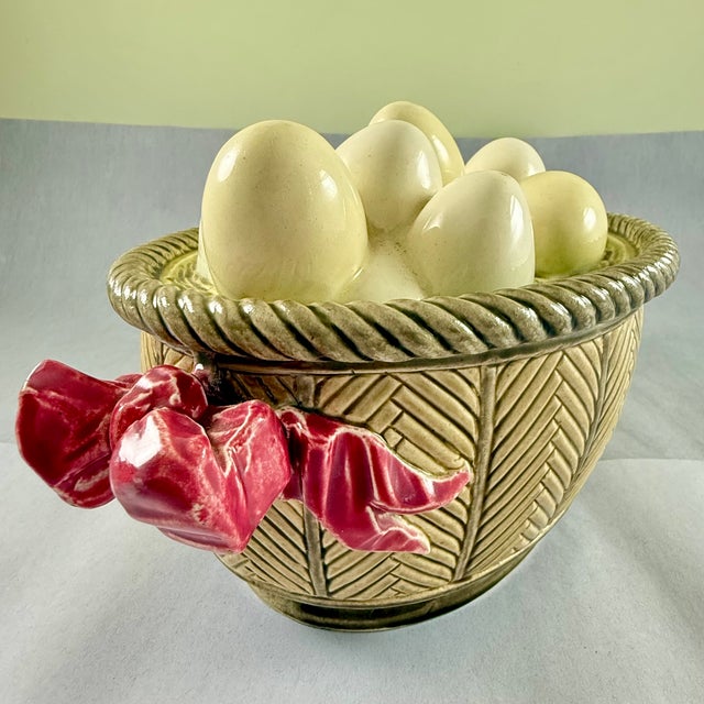 French French Majolica Choisy Le Roi Egg Basket & Bows Lidded Tureen For Sale - Image 3 of 18