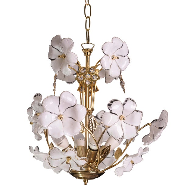 Vintage Murano Style Crystal Glass Chandelier White Flowers, 1970s For Sale