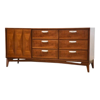 Walnut Long Mid Century Dresser For Sale