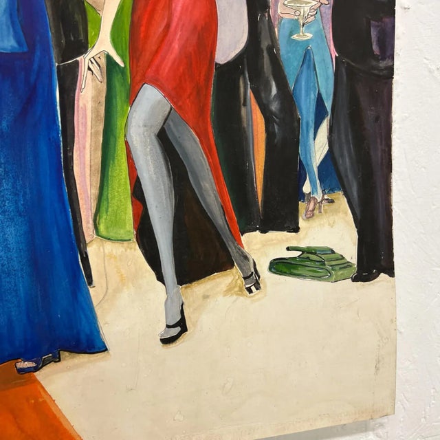 1960s Vintage Expressionist Figurative Party Scene Watercolor Painting