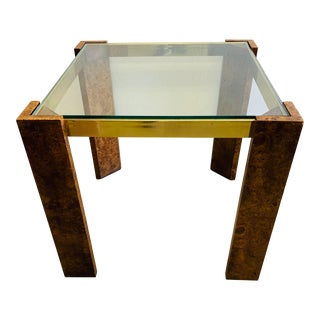1970s Vintage Boho Style Burlwood and Glass Side Table For Sale