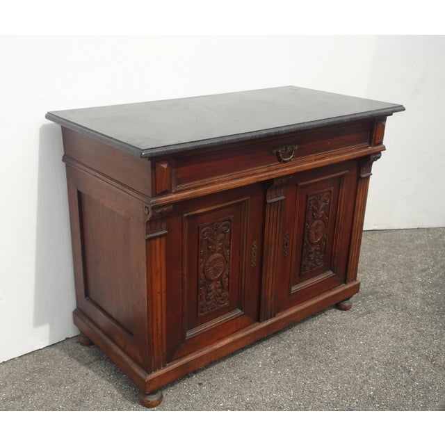 Antique French Victorian Ornate Sideboard Cabinet Entry Table Black Granite Top For Sale - Image 4 of 13