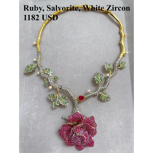 Traditional Bochic "Orient" Vintage Ruby & Multi Gem Flower Necklace Set In 18K Gold & Silver For Sale - Image 3 of 18