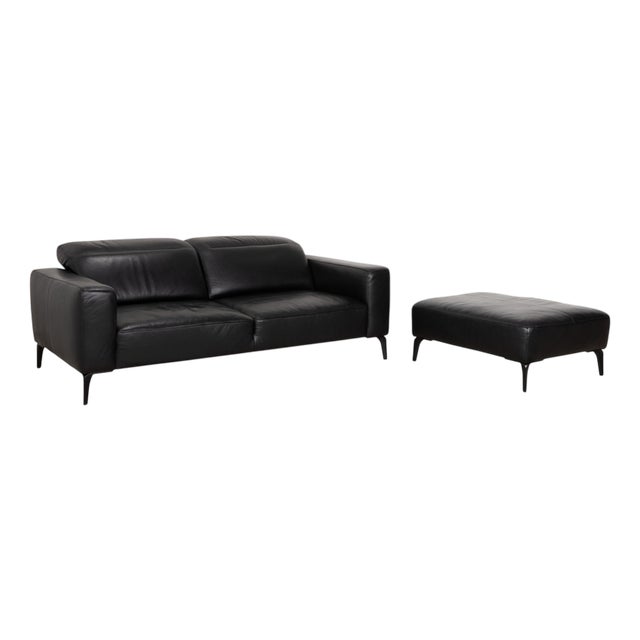 Zurich 2-Seater Sofa and Ottoman Black Leather from BoConcept, Set of 2 For Sale
