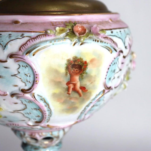 French 1890 Duplex Louis XV Meissen School Porcelain Oil Lamp Base With Cherubs For Sale - Image 3 of 13