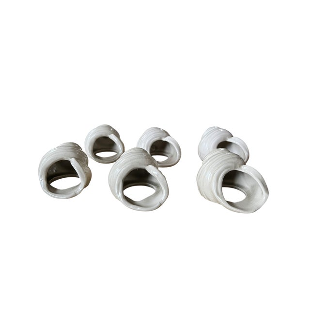 1980s 1980s Coastal White Ceramic Seashell Napkin Rings - Set of Six For Sale - Image 5 of 9