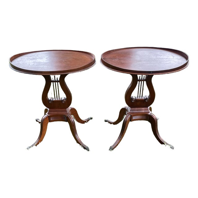 1970s Vintage Pair Wooden Harp Style Tea Tables For Sale