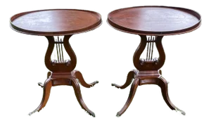 1970s Vintage Pair Wooden Harp Style Tea Tables