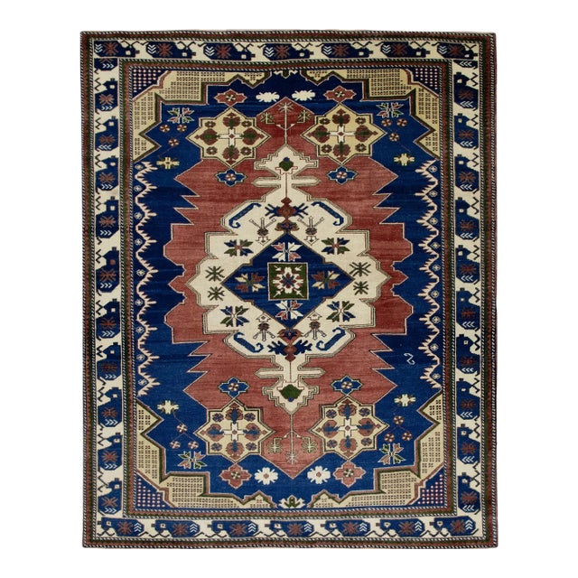 1960s Blue & Red Vintage Turkish Rug 5'2" X 6'5" For Sale