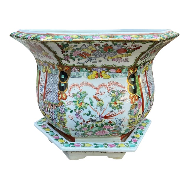 Chinese Rose Famille Vintage Cache Pot Jardinière Planter With Saucer For Sale