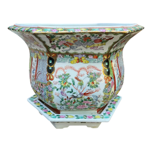 Chinese Rose Famille Vintage Cache Pot Jardinière Planter With Saucer
