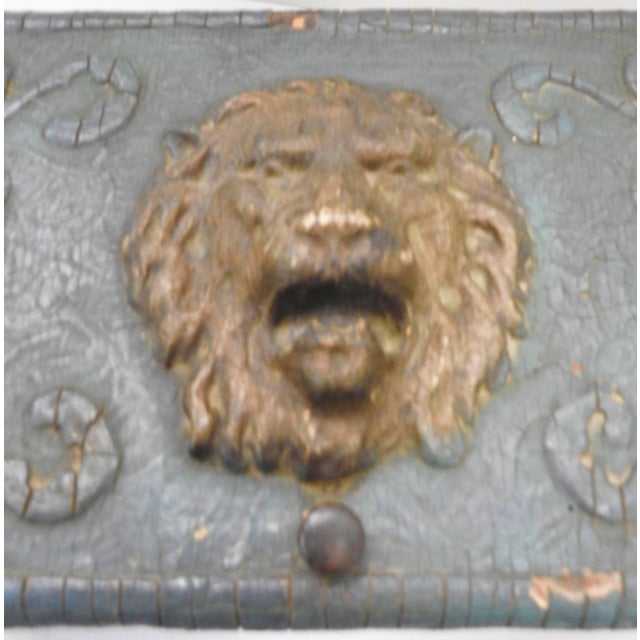 Dusky blue compliments the swirls on this Art Nouveau wooden box which is crowned on top with a roaring lion head. The top...