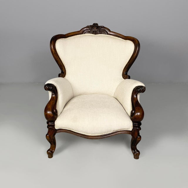 Italian Luigi Filippo style armchairs in wood and white fabric, 1930s Pair of armchairs with seat, armrests and backrest,...