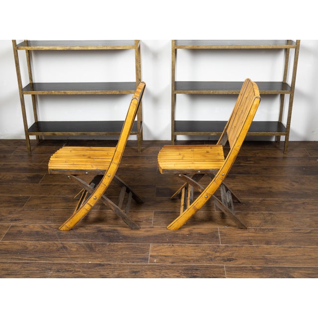 Pair of Midcentury Bamboo Folding Chairs with Slatted Design and Light Patina For Sale - Image 10 of 10