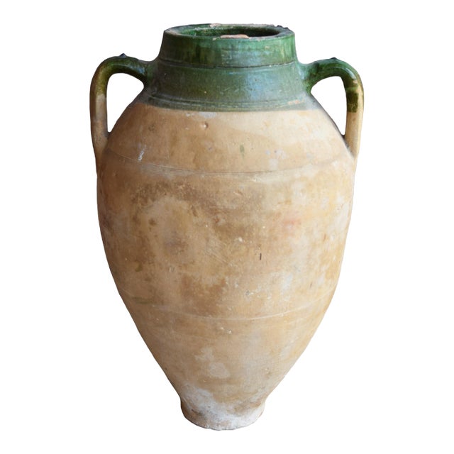 Antique Turkish Terracotta Olive Jar Vase - Pottery Clay Pot Glazed Top For Sale