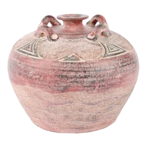 1990s Red, Pink and Black Pottery Vase With Four Handles