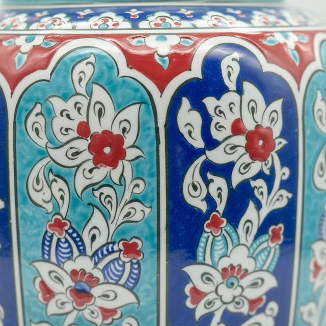 2020s Handmade Ceramic Jar (25cm) “Aegean Columns” Design – Rhythmic Cobalt & Turquoise Architecture For Sale - Image 5 of 11