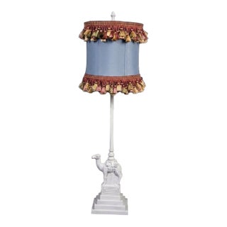 Vintage White Lacquered Berman Camel Lamp With Custom Tassel Fringe Shade - Newly Painted For Sale