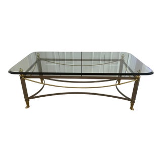 2010s Hollywood Regency Italianate Brass, Iron & Chrome Glass Top Coffee Table For Sale