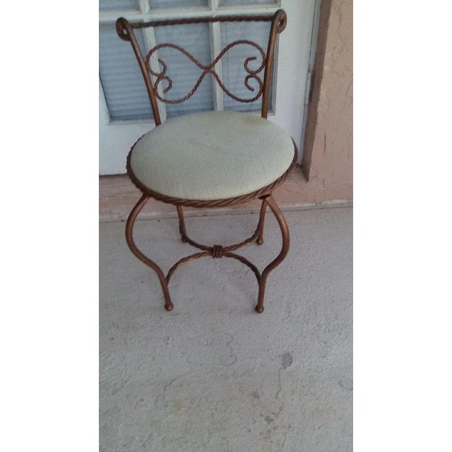 1970s Hollywood Regency Wrought Iron Tassel Rope Swivel Vanity Chair with Upholstered Seat For Sale - Image 12 of 12